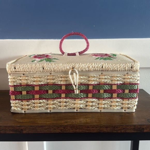 Other - Vintage Wicker Sewing Box pink floral embroidered Lid with Built-in Pin Cushion